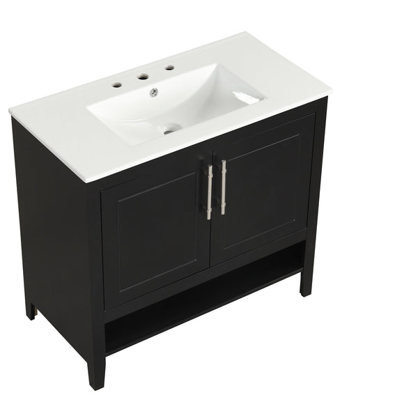 English Elm 36" Modern Black Bathroom Vanity with Ceramic Sink, Solid Wood & MDF, 2 Doors 2 Drawers Shelf WF319758AAB