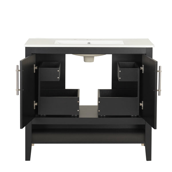 English Elm 36" Modern Black Bathroom Vanity with Ceramic Sink, Solid Wood & MDF, 2 Doors 2 Drawers Shelf WF319758AAB