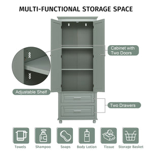 English Elm Tall Slim Storage Cabinet with Adjustable Shelves, 2 Drawers & Doors, Anti-Tip Design for Bathroom Grey WF299284AAE
