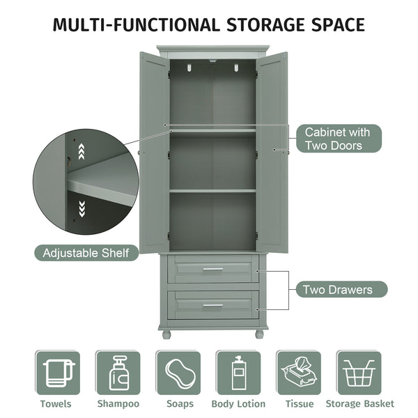 English Elm Tall Slim Storage Cabinet with Adjustable Shelves, 2 Drawers & Doors, Anti-Tip Design for Bathroom Grey WF299284AAE