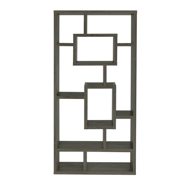 English Elm 10-Shelf Geometric Open Bookcase Weathered Grey — Backless Puzzle Profile, Modern Display Storage B016P163546