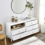 Hearth and Haven Hike Dresser with Open Storage, 5 Drawers and Leather Handles, White W1781P148614