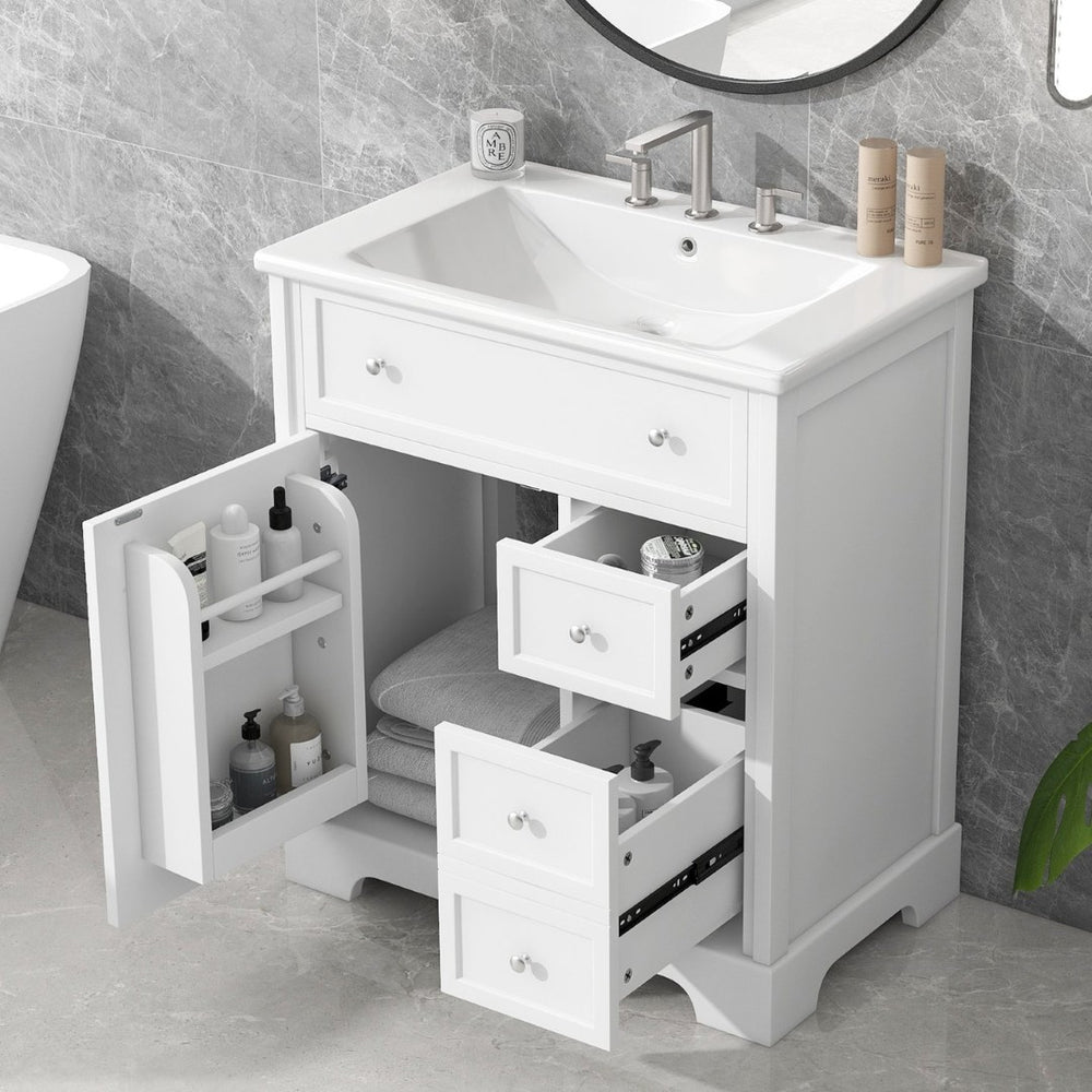 English Elm 30" White Bathroom Vanity Solid Wood Mdf Cabinet Two Drawers with Ceramic Sink Top N725P369592K