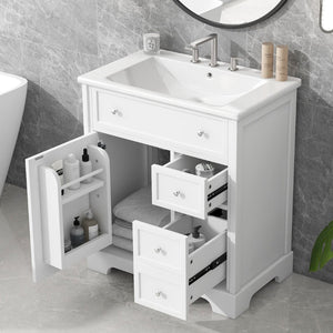 English Elm 30" White Bathroom Vanity Solid Wood Mdf Cabinet Two Drawers with Ceramic Sink Top N725P369592K