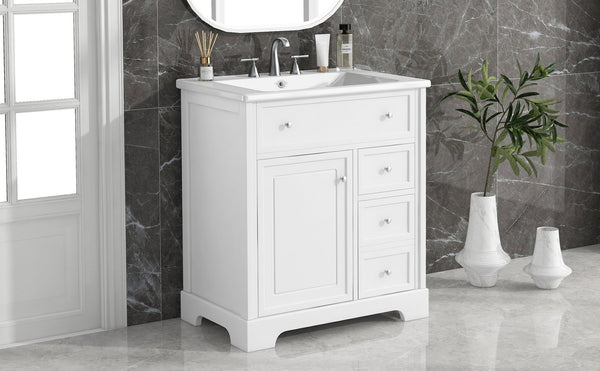 English Elm 30" White Bathroom Vanity Solid Wood Mdf Cabinet Two Drawers with Ceramic Sink Top N725P369592K