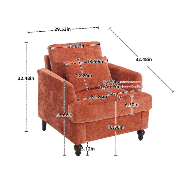 English Elm Wood Frame Armchair Ergonomic Tufted Chenille Lounge Chair with Studded Trim and Solid Wood Frame Dark Orange W395P151909
