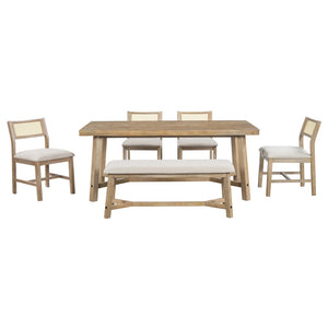 English Elm Trexm Six Seat Farmhouse Dining Set Oak Veneer Table Rattan Chairs Bench Included ST000119AAD