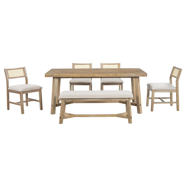 English Elm Trexm Six Seat Farmhouse Dining Set Oak Veneer Table Rattan Chairs Bench Included ST000119AAD