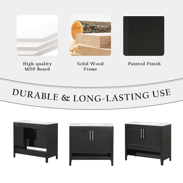 English Elm 36" Modern Black Bathroom Vanity with Ceramic Sink, Solid Wood & MDF, 2 Doors 2 Drawers Shelf WF319758AAB