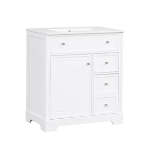 English Elm 30" Modern White Bathroom Vanity with Ceramic Sink, Solid Poplar & MDF, 1 Door 2 Drawers, 33.5" L N725P198484K