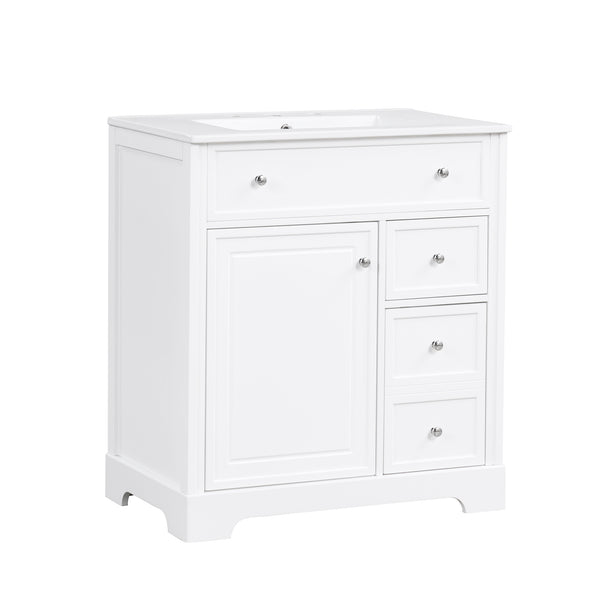 English Elm 30" Modern White Bathroom Vanity with Ceramic Sink, Solid Poplar & MDF, 1 Door 2 Drawers, 33.5" L N725P198484K