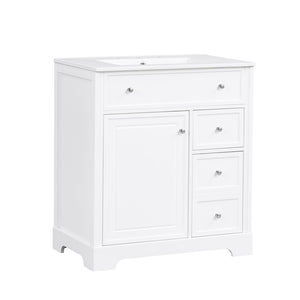 English Elm 30" White Bathroom Vanity Solid Wood Mdf Cabinet Two Drawers with Ceramic Sink Top N725P369592K