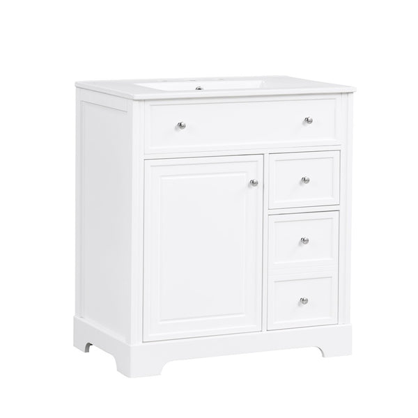 English Elm 30" White Bathroom Vanity Solid Wood Mdf Cabinet Two Drawers with Ceramic Sink Top N725P369592K