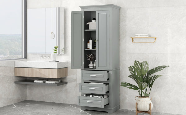 English Elm Tall Tall Storage Cabinet with Three Drawers and Doors for Bathroom or Office, Slim MDF Organizer Grey WF299282AAE
