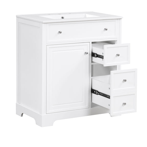 English Elm 30" Modern White Bathroom Vanity with Ceramic Sink, Solid Poplar & MDF, 1 Door 2 Drawers, 33.5" L N725P198484K