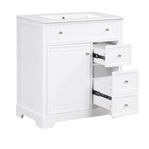 English Elm 30" White Bathroom Vanity Solid Wood Mdf Cabinet Two Drawers with Ceramic Sink Top N725P369592K