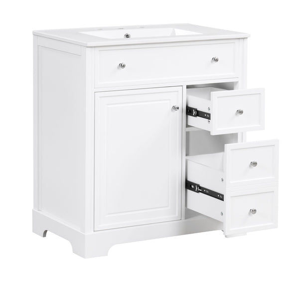 English Elm 30" White Bathroom Vanity Solid Wood Mdf Cabinet Two Drawers with Ceramic Sink Top N725P369592K