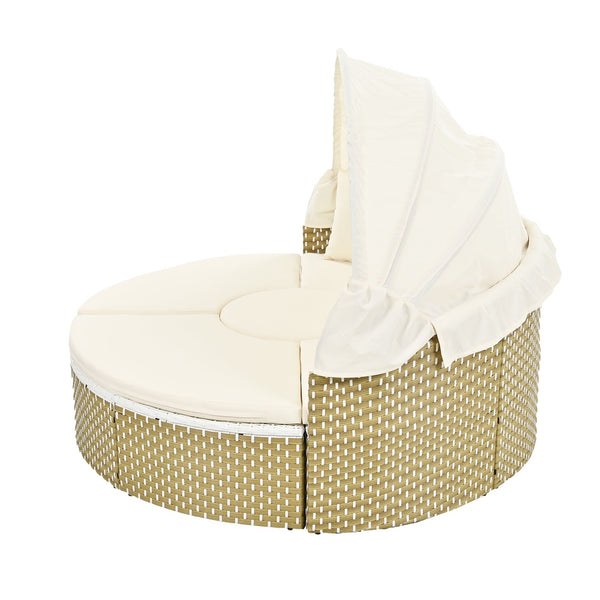 English Elm TOPMAX All-Weather Rattan Round Sectional Daybed with Retractable Canopy, Adjustable Table & Cushions Beige SP100023AAA