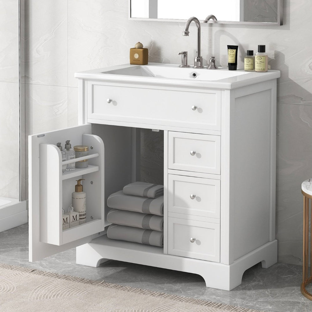 English Elm 30" White Bathroom Vanity Solid Wood Mdf Cabinet Two Drawers with Ceramic Sink Top N725P369592K