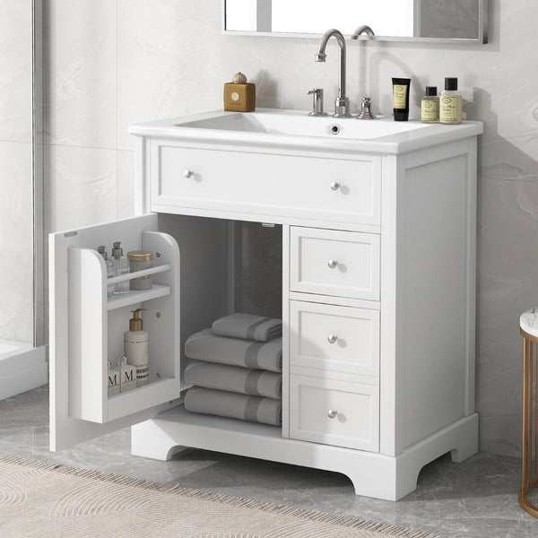 English Elm 30" White Bathroom Vanity Solid Wood Mdf Cabinet Two Drawers with Ceramic Sink Top N725P369592K