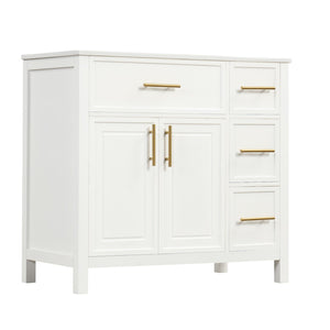 English Elm 36" Matte Freestanding Bathroom Vanity Solid Wood Cabinet Ceramic Sink Three Drawers White N725P364205K
