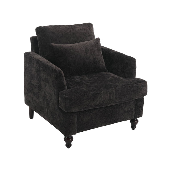 English Elm Wood Wood Frame Armchair with Black Chenille Upholstery, Tufted Mid-Century Lounge Chair, Cozy Reading Seat W395P151910