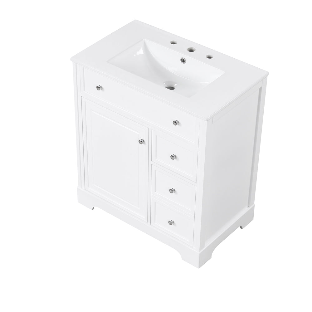 English Elm 30" Modern White Bathroom Vanity with Ceramic Sink, Solid Poplar & MDF, 1 Door 2 Drawers, 33.5" L N725P198484K