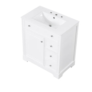 English Elm 30" White Bathroom Vanity Solid Wood Mdf Cabinet Two Drawers with Ceramic Sink Top N725P369592K