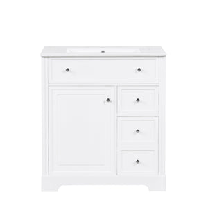 English Elm 30" Modern White Bathroom Vanity with Ceramic Sink, Solid Poplar & MDF, 1 Door 2 Drawers, 33.5" L N725P198484K