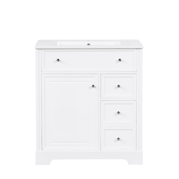 English Elm 30" Modern White Bathroom Vanity with Ceramic Sink, Solid Poplar & MDF, 1 Door 2 Drawers, 33.5" L N725P198484K