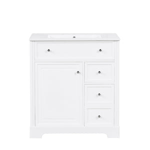 English Elm 30" White Bathroom Vanity Solid Wood Mdf Cabinet Two Drawers with Ceramic Sink Top N725P369592K