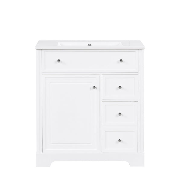 English Elm 30" White Bathroom Vanity Solid Wood Mdf Cabinet Two Drawers with Ceramic Sink Top N725P369592K