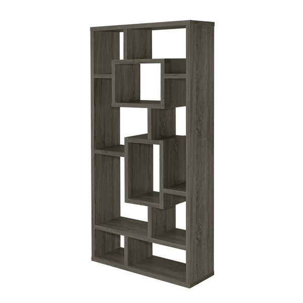 English Elm 10-Shelf Geometric Open Bookcase Weathered Grey — Backless Puzzle Profile, Modern Display Storage B016P163546