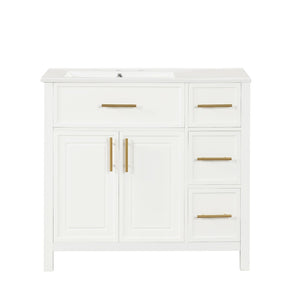 English Elm 36" Matte Freestanding Bathroom Vanity Solid Wood Cabinet Ceramic Sink Three Drawers White N725P364205K