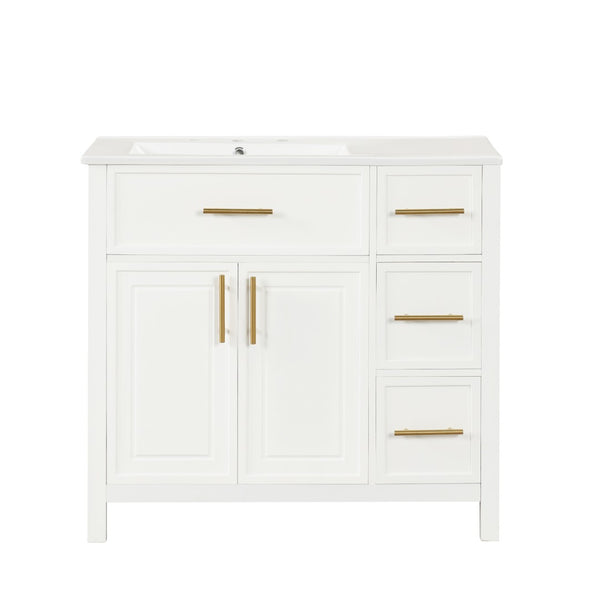English Elm 36" Matte Freestanding Bathroom Vanity Solid Wood Cabinet Ceramic Sink Three Drawers White N725P364205K