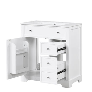 English Elm 30" Modern White Bathroom Vanity with Ceramic Sink, Solid Poplar & MDF, 1 Door 2 Drawers, 33.5" L N725P198484K