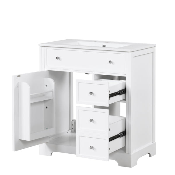 English Elm 30" Modern White Bathroom Vanity with Ceramic Sink, Solid Poplar & MDF, 1 Door 2 Drawers, 33.5" L N725P198484K