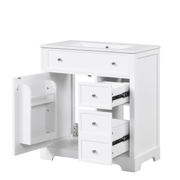 English Elm 30" White Bathroom Vanity Solid Wood Mdf Cabinet Two Drawers with Ceramic Sink Top N725P369592K
