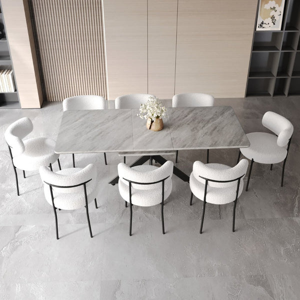 English Elm 62.4" Extendable Mdf Dining Set with X Base and Eight Upholstered Curved Chairs Grey+White W2189S00943