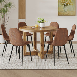 English Elm A Modern and Practical Circular Dining Table. Made Of Mdf Tabletop and Wooden Mdf Table Legs. A Set Of 6 Brown Cushioned Chairs. Ct- B0501A