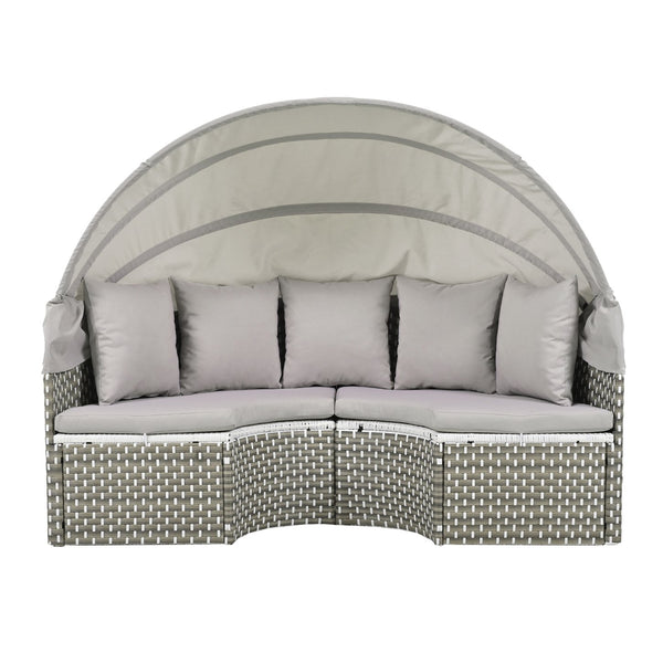 English Elm TOPMAX All-Weather Rattan Round Sectional Daybed with Retractable Canopy, Adjustable Table & Cushions Gray SP100023AAE
