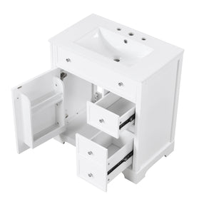 English Elm 30" Modern White Bathroom Vanity with Ceramic Sink, Solid Poplar & MDF, 1 Door 2 Drawers, 33.5" L N725P198484K
