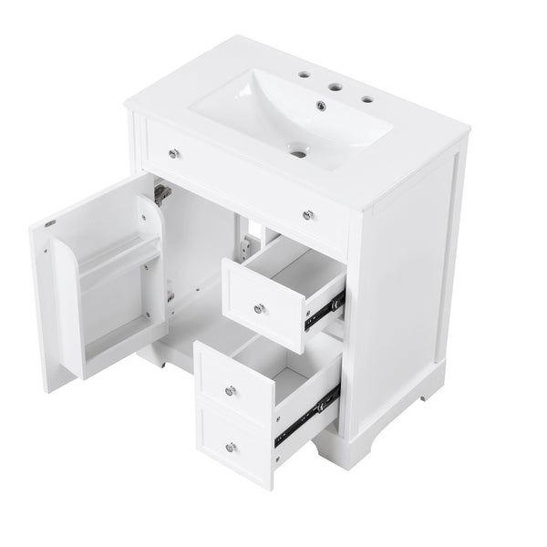 English Elm 30" Modern White Bathroom Vanity with Ceramic Sink, Solid Poplar & MDF, 1 Door 2 Drawers, 33.5" L N725P198484K