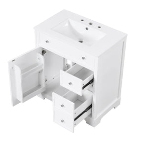 English Elm 30" White Bathroom Vanity Solid Wood Mdf Cabinet Two Drawers with Ceramic Sink Top N725P369592K