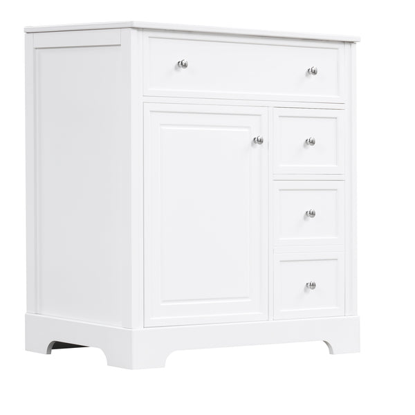 English Elm 30" Modern White Bathroom Vanity with Ceramic Sink, Solid Poplar & MDF, 1 Door 2 Drawers, 33.5" L N725P198484K