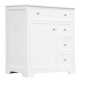 English Elm 30" White Bathroom Vanity Solid Wood Mdf Cabinet Two Drawers with Ceramic Sink Top N725P369592K