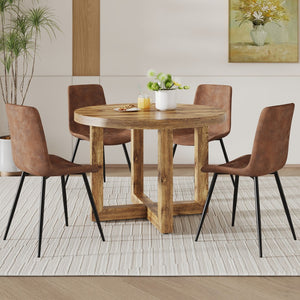 English Elm A Modern and Practical Circular Dining Table. Made Of Mdf Tabletop and Wooden Mdf Table Legs.A Set Of 4 Brown Cushioned Chairs In A Modern Medieval Style Restaurant. Ct-403 B0502A