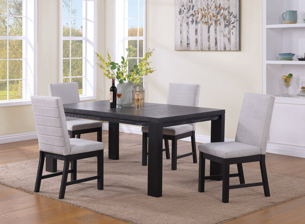 English Elm 7 Pc Contemporary Dining Set with 18" Leaf Extendable Table, Grey Fabric Chairs, Sleek Black Finish, Modern Elegance B011S01114