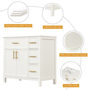 English Elm 36" Freestanding Bathroom Vanity Rubberwood Mdf Ceramic Sink Three Drawers White N725P198316K