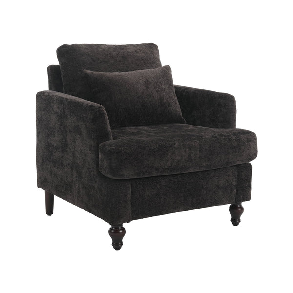 English Elm Wood Wood Frame Armchair with Black Chenille Upholstery, Tufted Mid-Century Lounge Chair, Cozy Reading Seat W395P151910